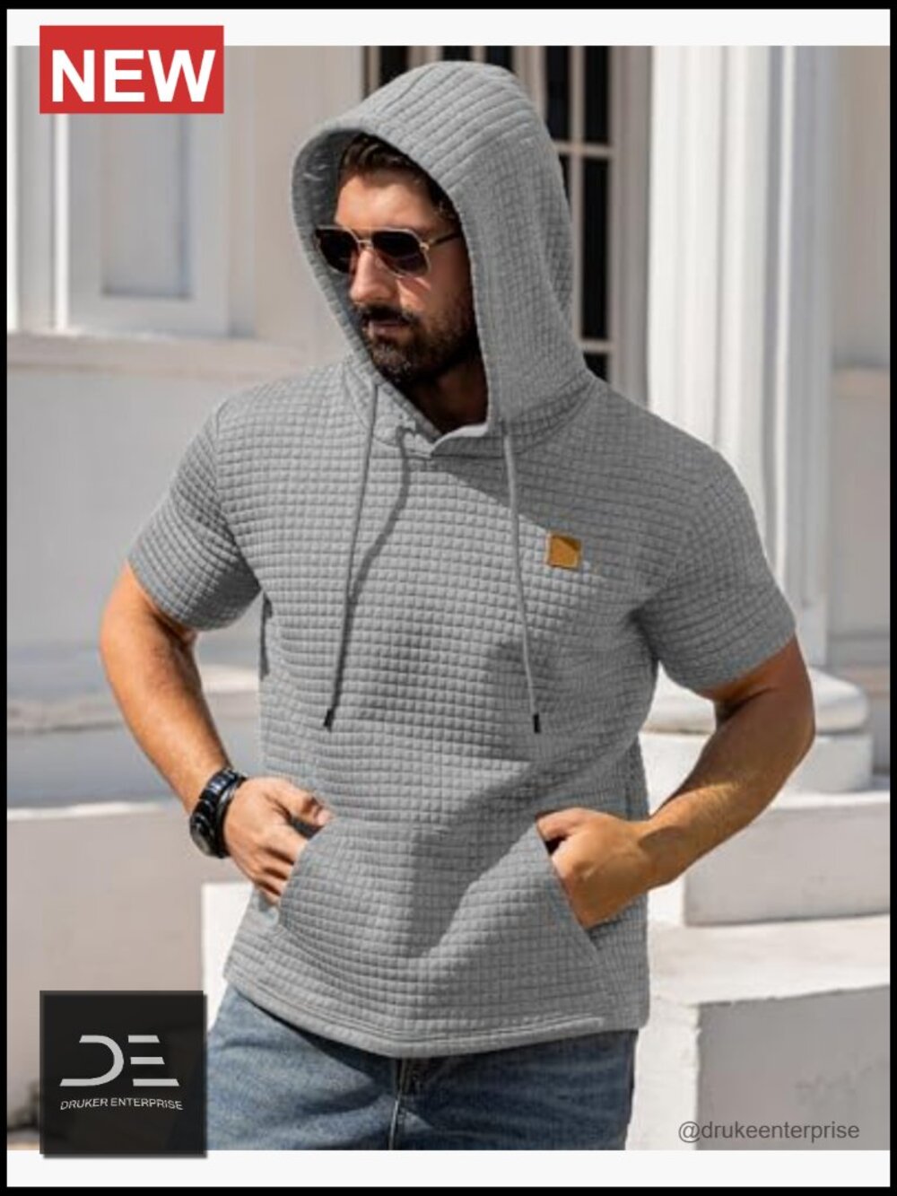 Short Sleeve Hoodie with Kanga Pocket Waffle Knit Pullover - Picture 2 of 6